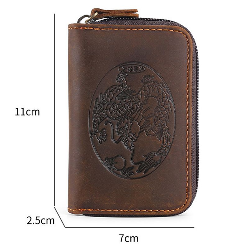 Porte-cartes D'orgue En Cuir Véritable Vintage Dragon Brodé Grande Capacité Portefeuille Rétro Pour Hommes