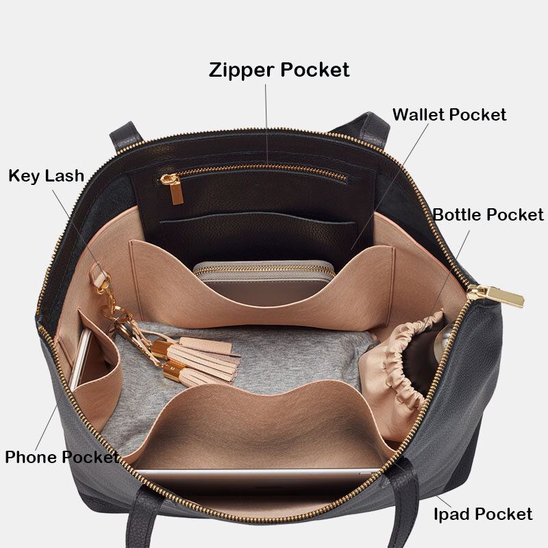 Porte-clés En Cuir Pu Pour Femmes Multi-poches Grande Capacité Sac Pour Ordinateur Portable Porte-documents Sac À Main D'affaires