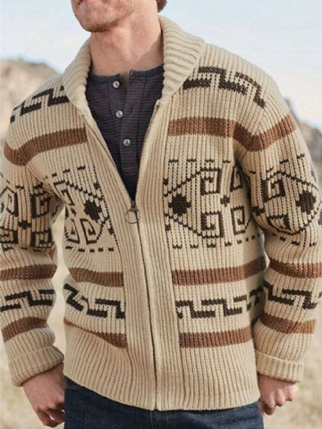 Pull Cardigan À Manches Longues À Imprimé Ethnique Pour Hommes