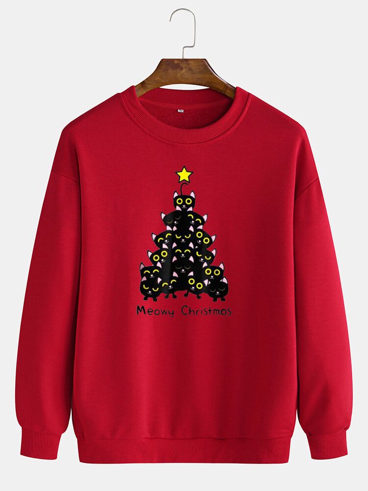 Pull À Col Ras Du Cou Avec Imprimé Chat Et Sapin De Noël Pour Homme