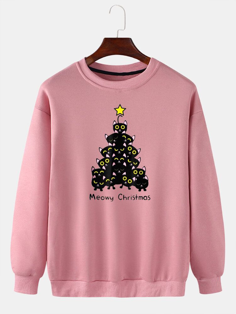 Pull À Col Ras Du Cou Avec Imprimé Chat Et Sapin De Noël Pour Homme