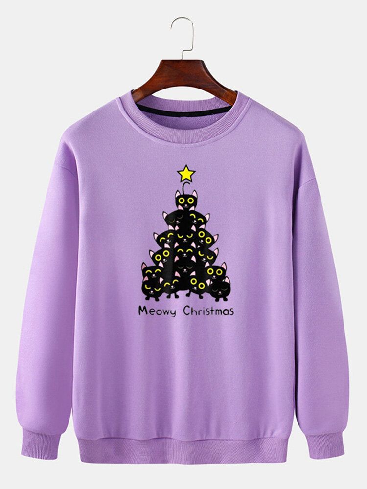 Pull À Col Ras Du Cou Avec Imprimé Chat Et Sapin De Noël Pour Homme