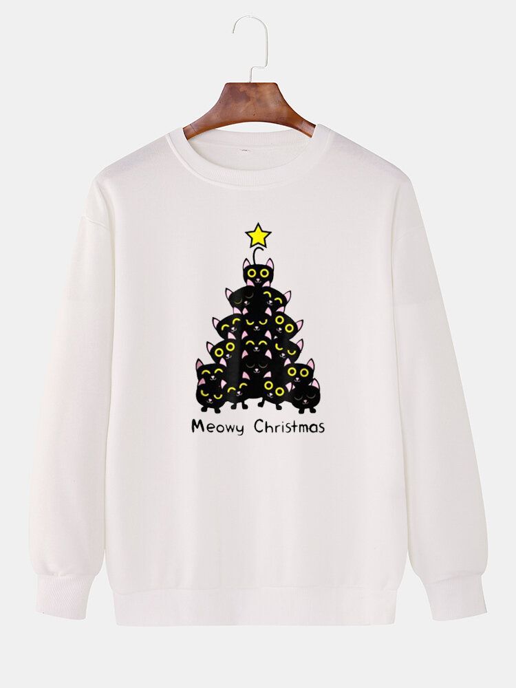 Pull À Col Ras Du Cou Avec Imprimé Chat Et Sapin De Noël Pour Homme