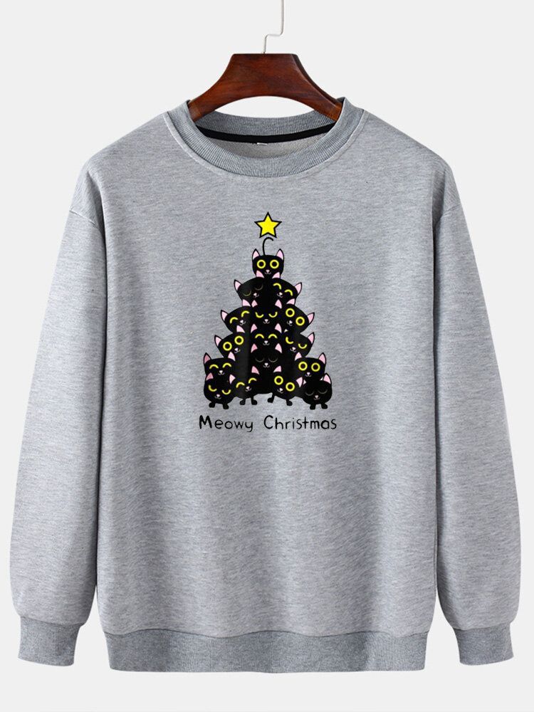 Pull À Col Ras Du Cou Avec Imprimé Chat Et Sapin De Noël Pour Homme