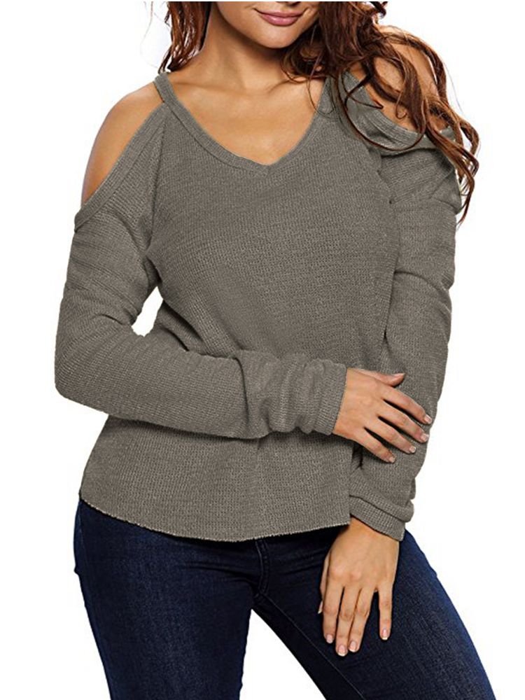 Pull À Col En V Pour Femme Pull À Manches Longues À Épaules Dénudées Pour Femme