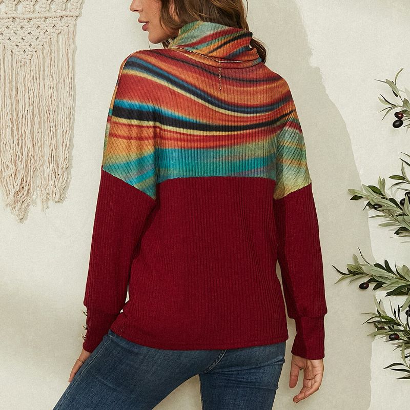 Pull Côtelé À Col Roulé Et Patchwork À Rayures Arc-en-ciel Pour Femmes