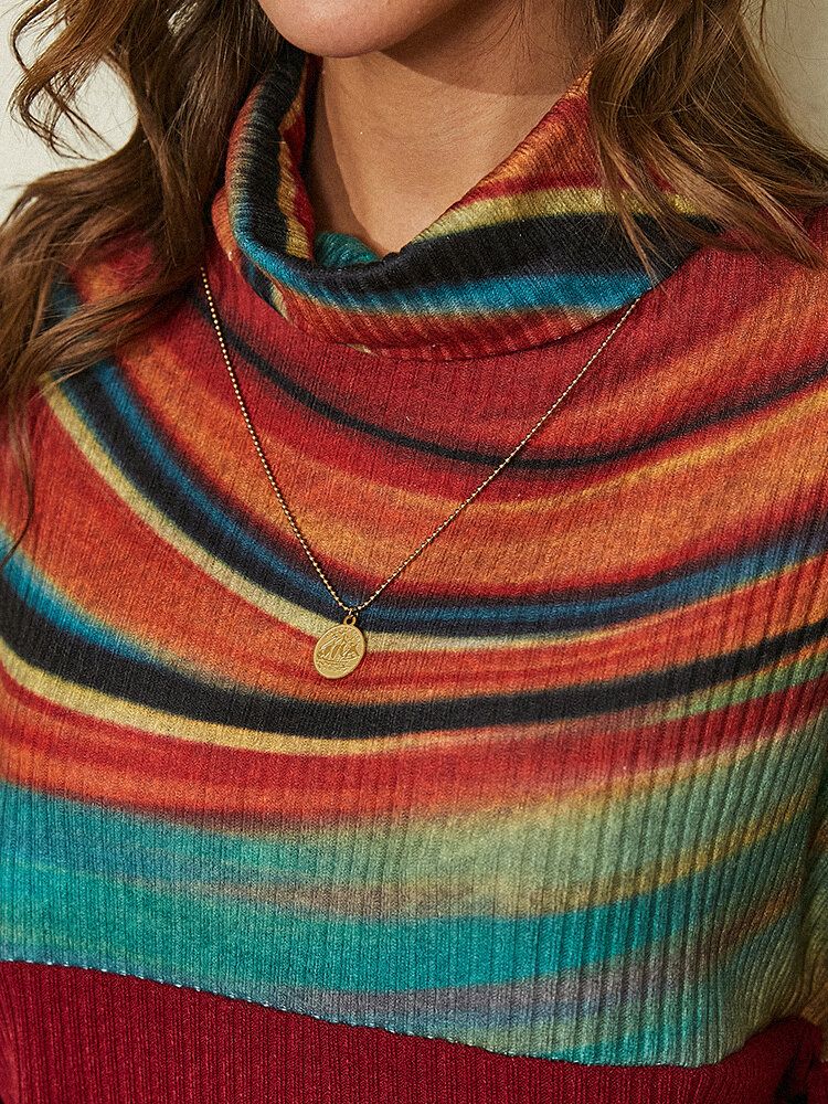 Pull Côtelé À Col Roulé Et Patchwork À Rayures Arc-en-ciel Pour Femmes