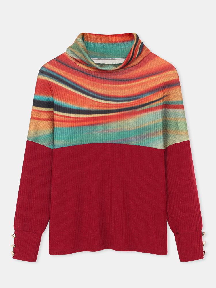 Pull Côtelé À Col Roulé Et Patchwork À Rayures Arc-en-ciel Pour Femmes