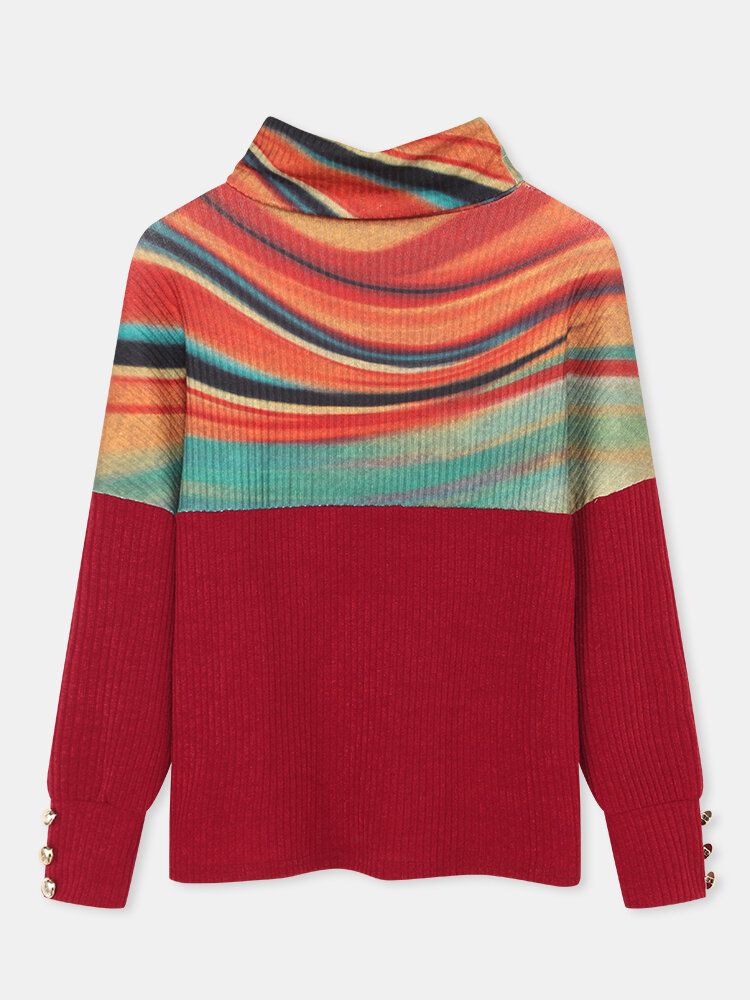 Pull Côtelé À Col Roulé Et Patchwork À Rayures Arc-en-ciel Pour Femmes