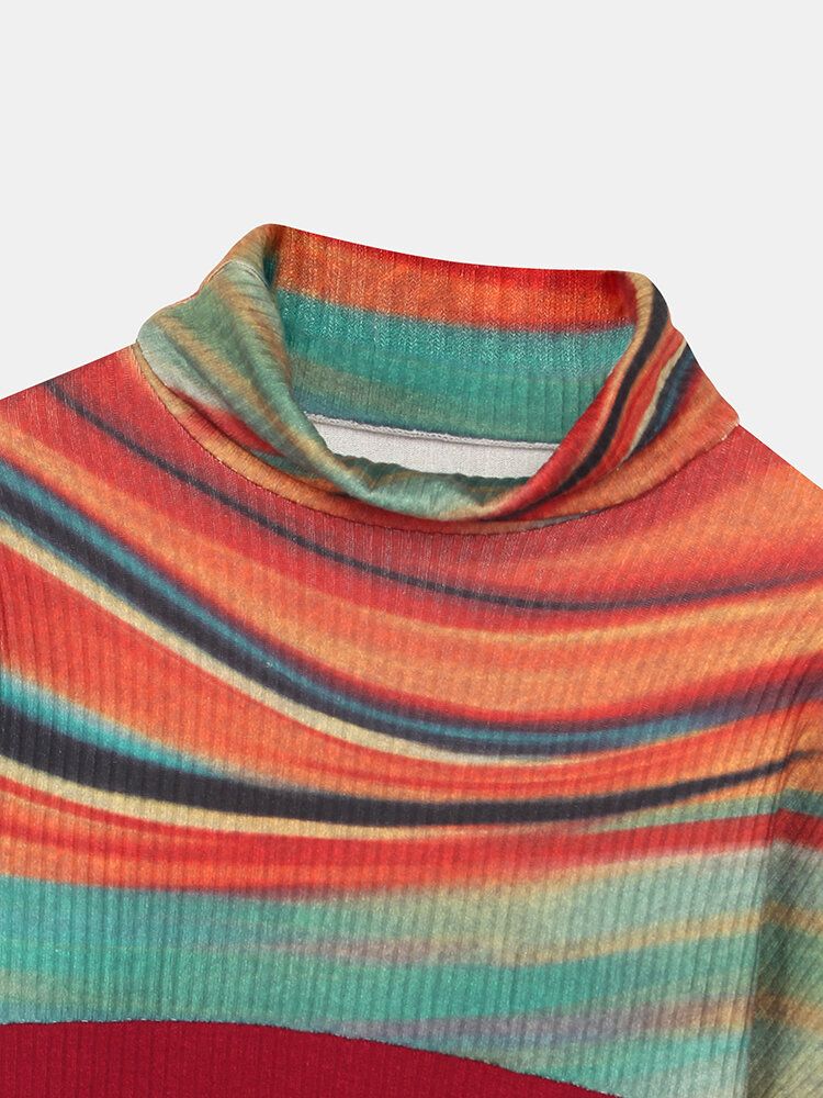 Pull Côtelé À Col Roulé Et Patchwork À Rayures Arc-en-ciel Pour Femmes