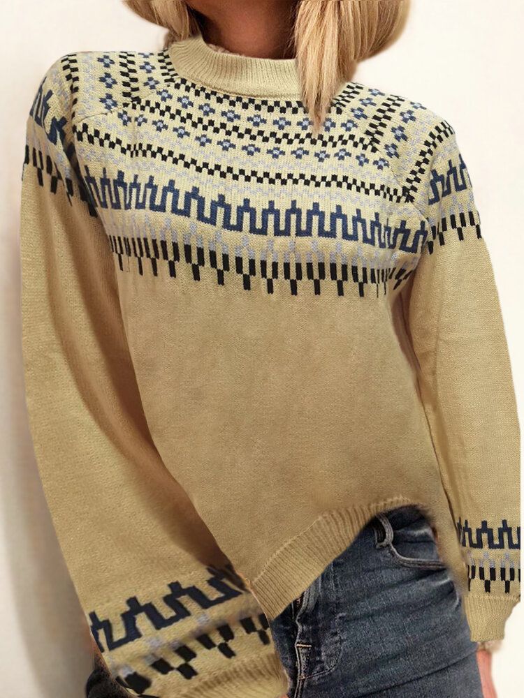 Pull En Tricot Décontracté À Demi-col Imprimé Jacquard Vintage Pour Femmes