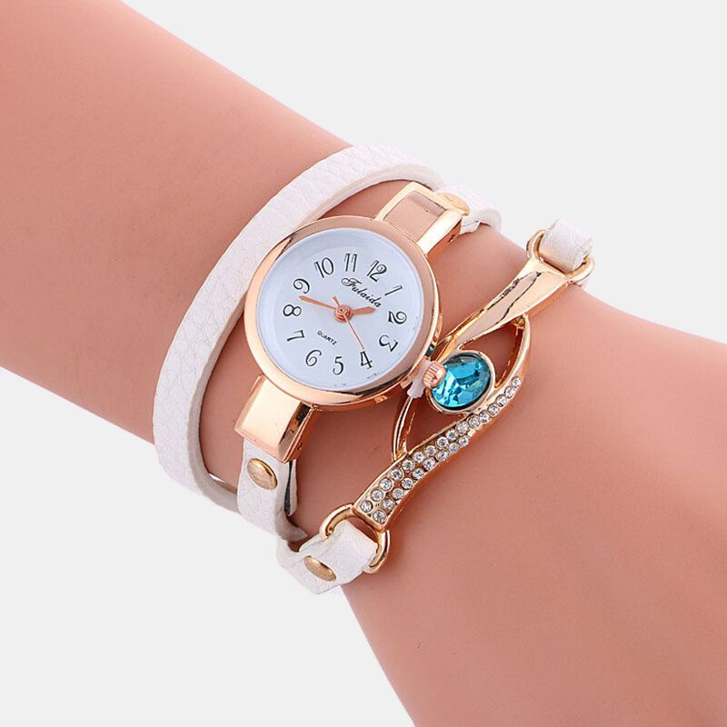 Rétro Bracelet En Cuir Synthétique Polyuréthane Strass Multicouche Montre Pour Femme Métal Bleu Cristal Réglable Montre-bracelet Montre À Quartz