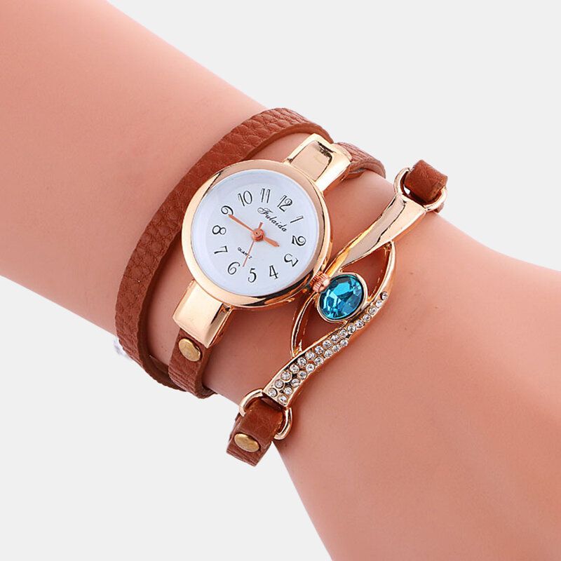 Rétro Bracelet En Cuir Synthétique Polyuréthane Strass Multicouche Montre Pour Femme Métal Bleu Cristal Réglable Montre-bracelet Montre À Quartz