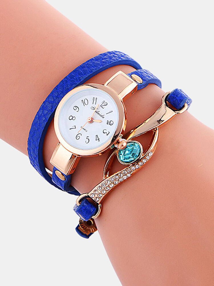 Rétro Bracelet En Cuir Synthétique Polyuréthane Strass Multicouche Montre Pour Femme Métal Bleu Cristal Réglable Montre-bracelet Montre À Quartz