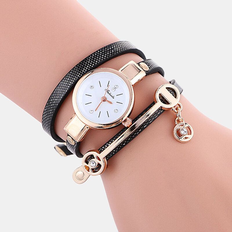 Rétro Bracelet En Cuir Synthétique Polyuréthane Strass Multicouche Montre Pendentif En Métal Réglable Classique Dame Montre À Quartz