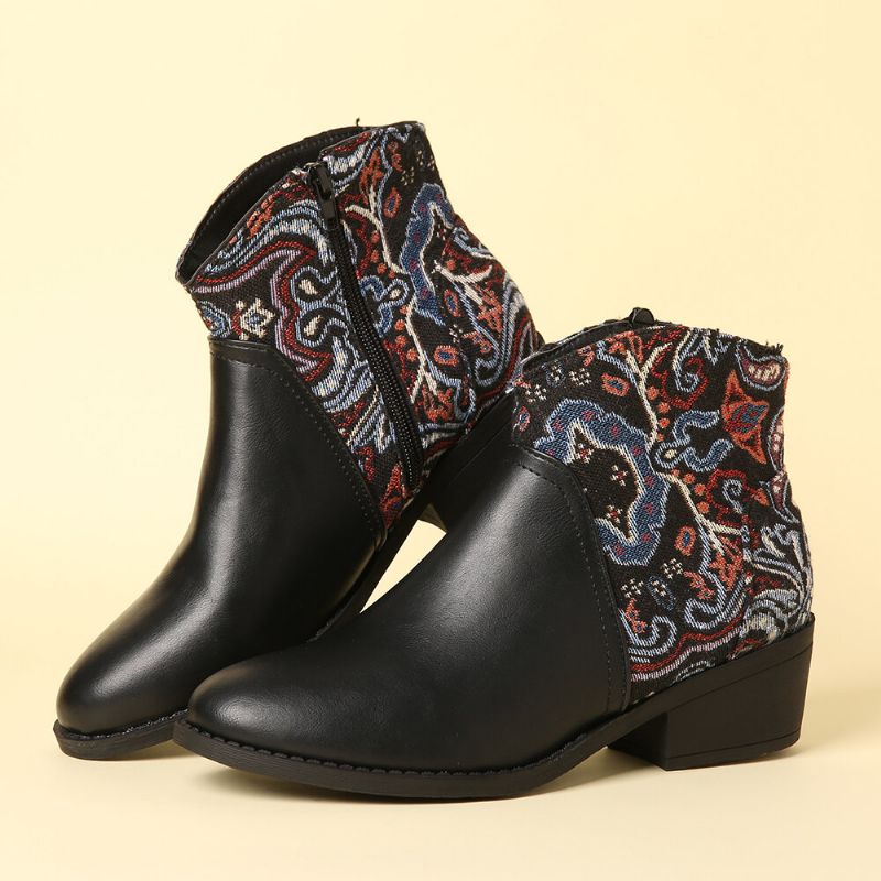 Retro Flower Cloth Stitching Comfy Wearable Side Zipper Block Heel Bottines