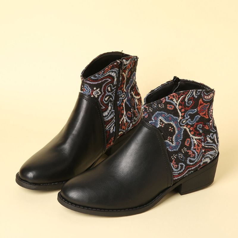 Retro Flower Cloth Stitching Comfy Wearable Side Zipper Block Heel Bottines