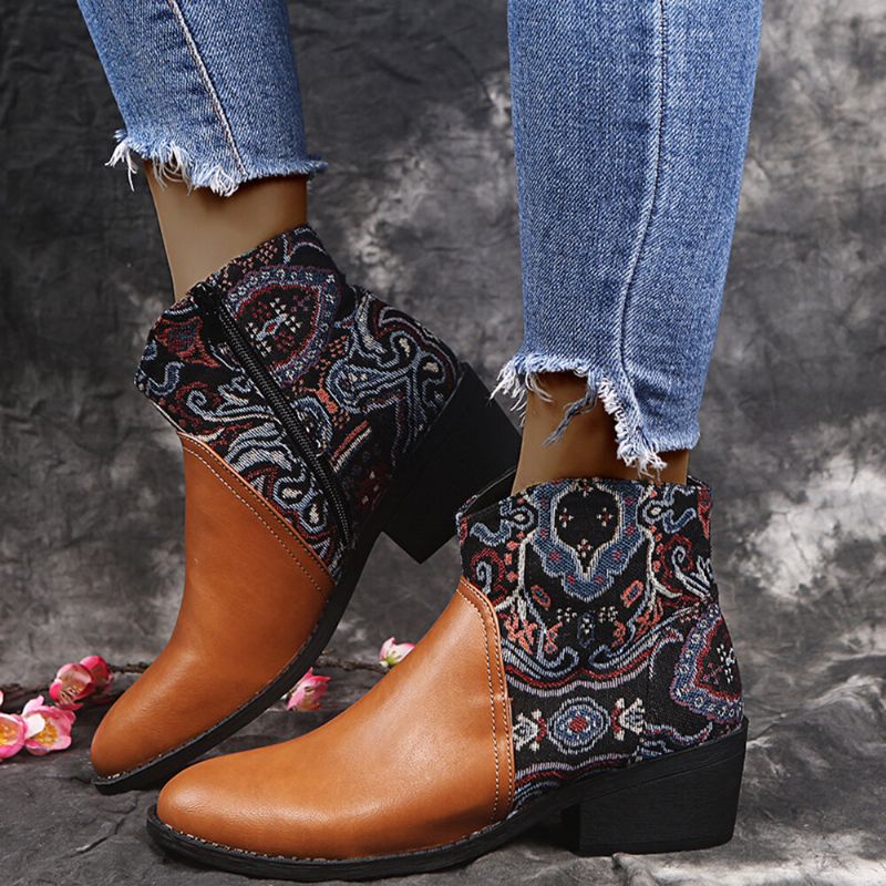 Retro Flower Cloth Stitching Comfy Wearable Side Zipper Block Heel Bottines