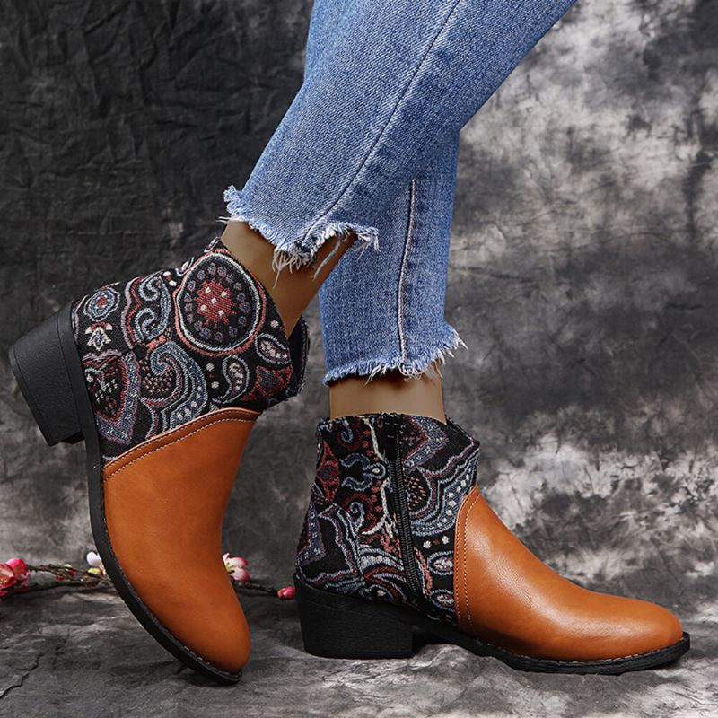 Retro Flower Cloth Stitching Comfy Wearable Side Zipper Block Heel Bottines