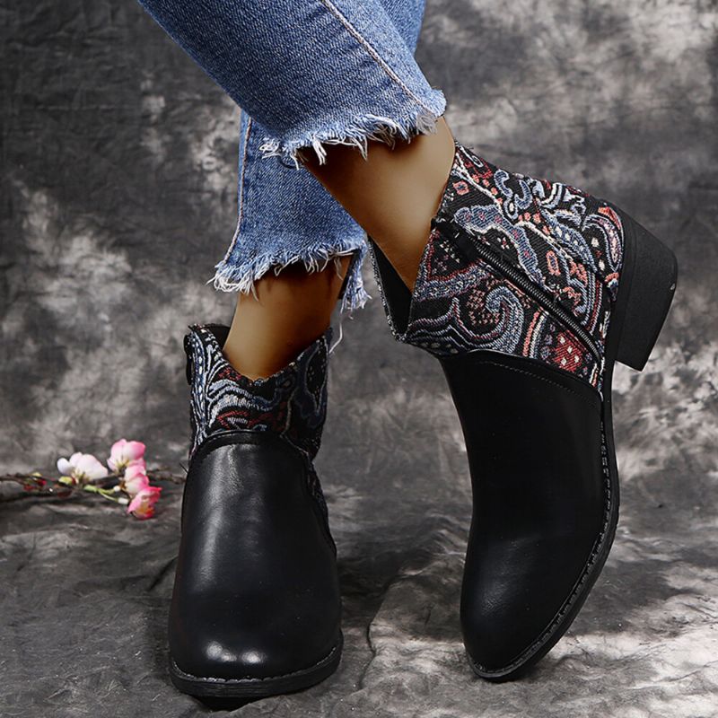 Retro Flower Cloth Stitching Comfy Wearable Side Zipper Block Heel Bottines