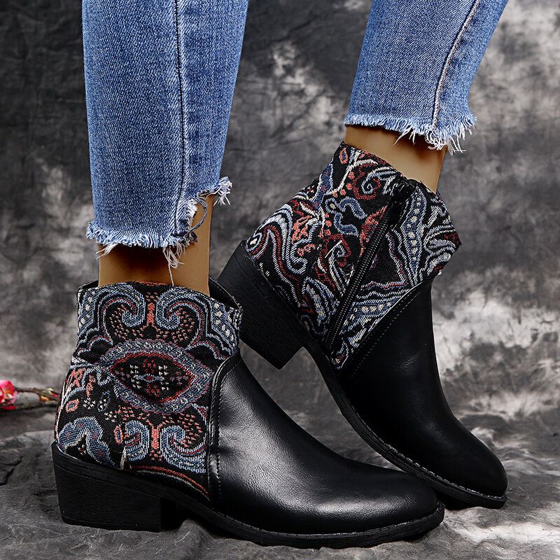 Retro Flower Cloth Stitching Comfy Wearable Side Zipper Block Heel Bottines