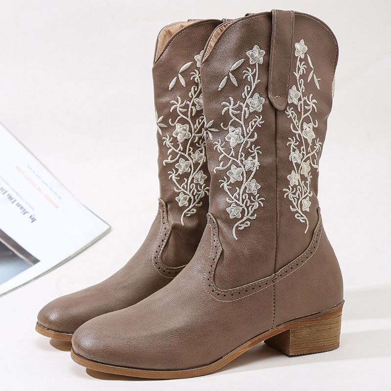 Retro Flowers Square Toe Slip On Mid-mollet Block Heel Cowboy Boots Pour Femmes