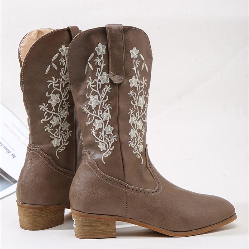 Retro Flowers Square Toe Slip On Mid-mollet Block Heel Cowboy Boots Pour Femmes