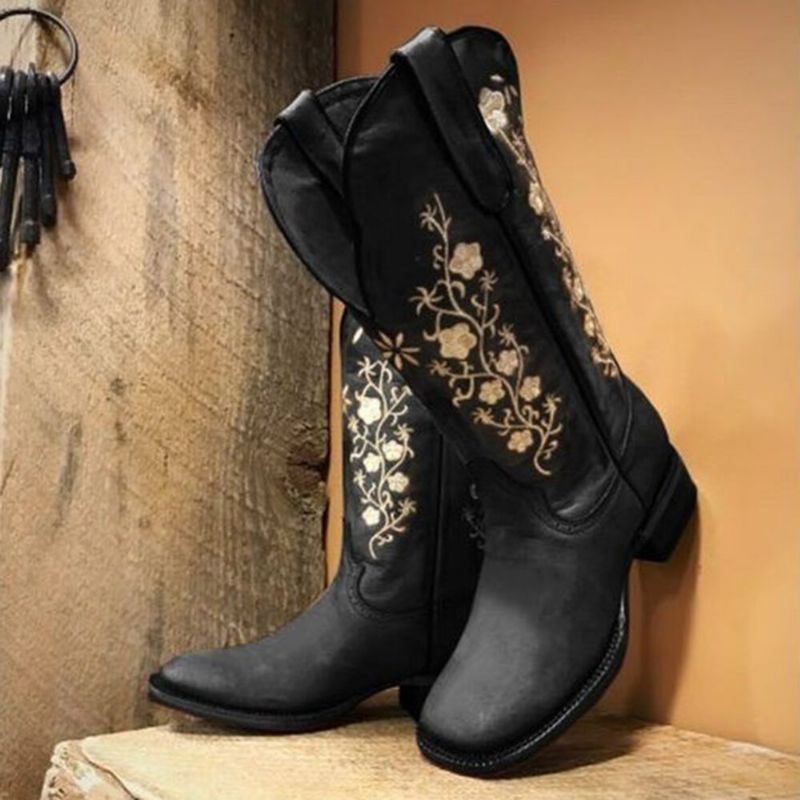 Retro Flowers Square Toe Slip On Mid-mollet Block Heel Cowboy Boots Pour Femmes