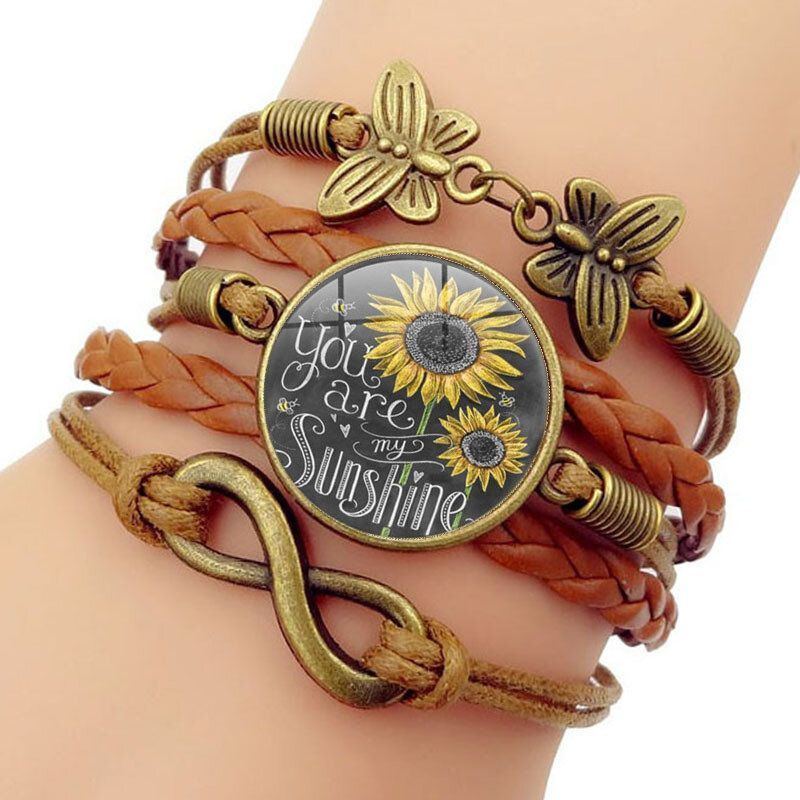 Rétro Papillon Infinity Combinaison Tressé Bracelet Imprimé Tournesol Temps Gemme Décoration À La Main Bracelet Multicouche