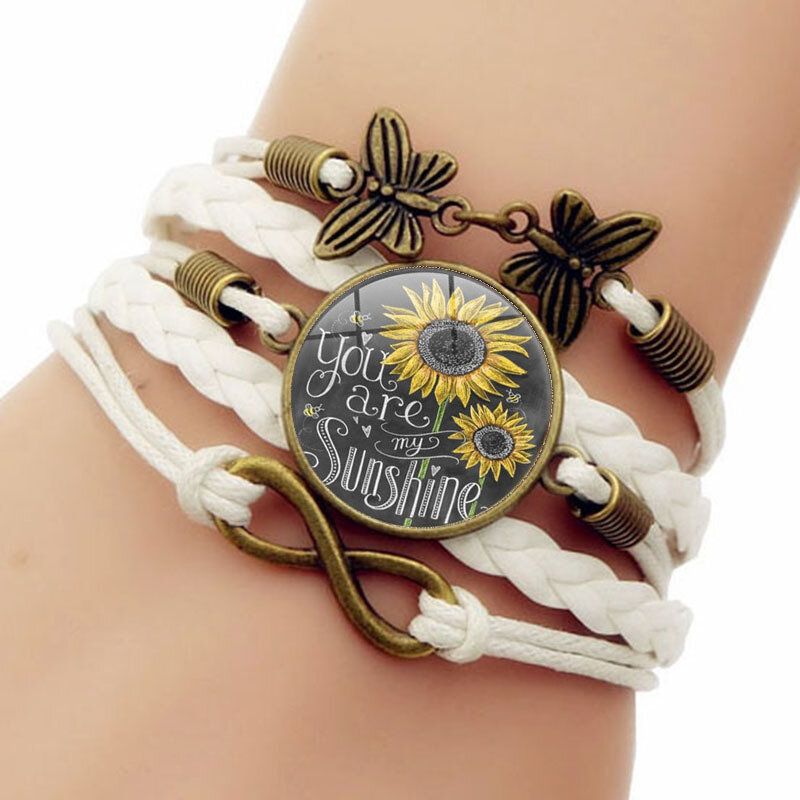 Rétro Papillon Infinity Combinaison Tressé Bracelet Imprimé Tournesol Temps Gemme Décoration À La Main Bracelet Multicouche