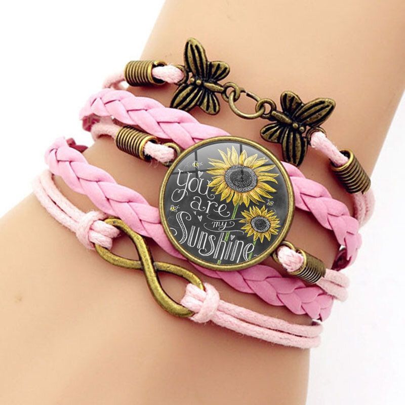 Rétro Papillon Infinity Combinaison Tressé Bracelet Imprimé Tournesol Temps Gemme Décoration À La Main Bracelet Multicouche