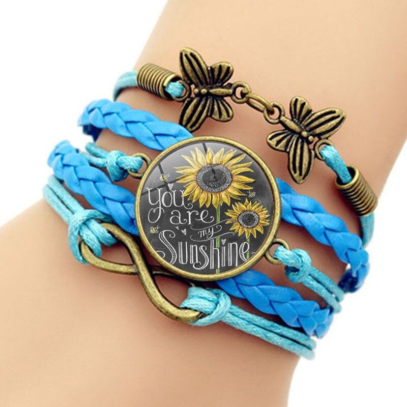 Rétro Papillon Infinity Combinaison Tressé Bracelet Imprimé Tournesol Temps Gemme Décoration À La Main Bracelet Multicouche