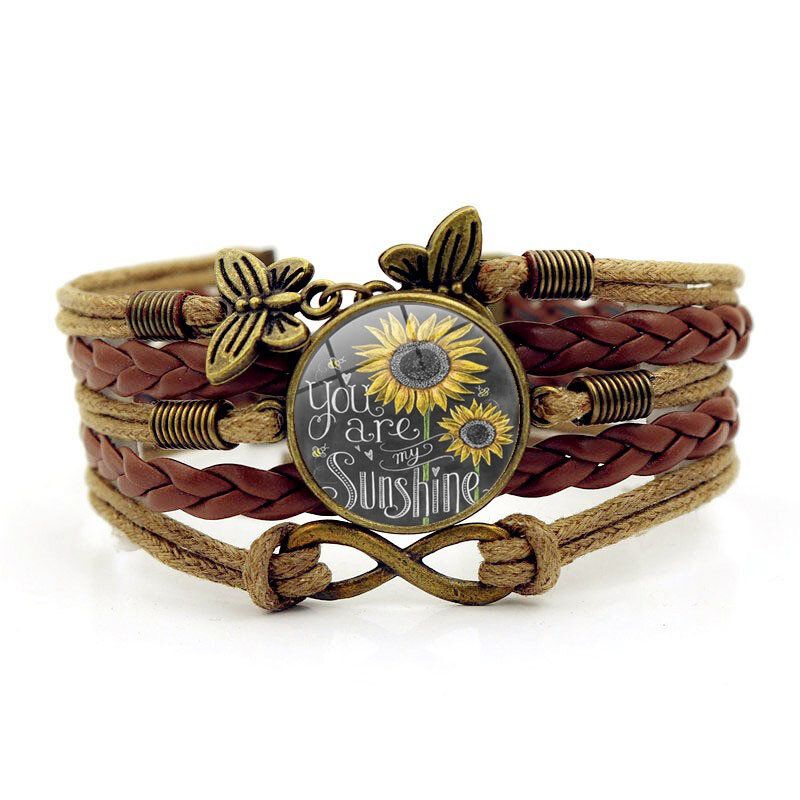 Rétro Papillon Infinity Combinaison Tressé Bracelet Imprimé Tournesol Temps Gemme Décoration À La Main Bracelet Multicouche