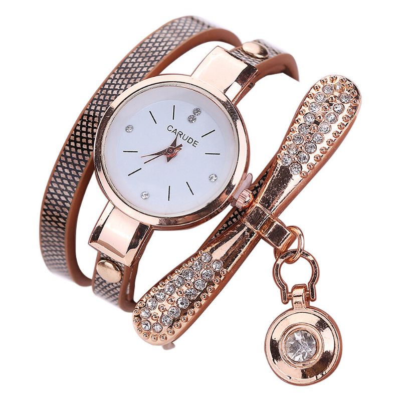 Retro Pu Strap Multi-layer Lady Watch Métal Géométrique Strass Bow Pendentif Femmes Montre À Quartz