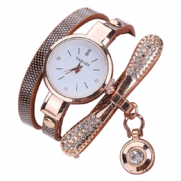 Retro Pu Strap Multi-layer Lady Watch Métal Géométrique Strass Bow Pendentif Femmes Montre À Quartz