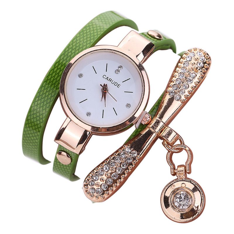 Retro Pu Strap Multi-layer Lady Watch Métal Géométrique Strass Bow Pendentif Femmes Montre À Quartz