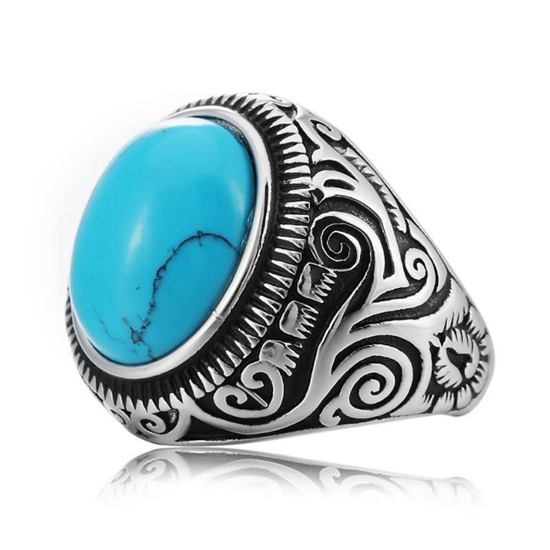 Rezex Vintage Motif Bleu Noir Turquoise Bagues Gemme Titane Acier Bague Homme