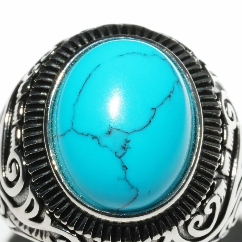 Rezex Vintage Motif Bleu Noir Turquoise Bagues Gemme Titane Acier Bague Homme