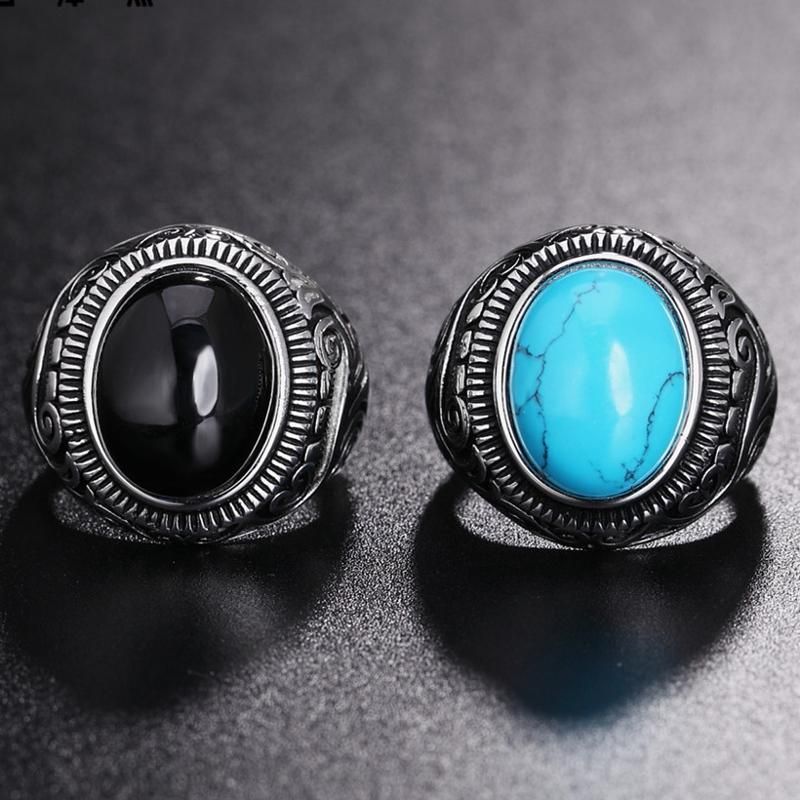 Rezex Vintage Motif Bleu Noir Turquoise Bagues Gemme Titane Acier Bague Homme