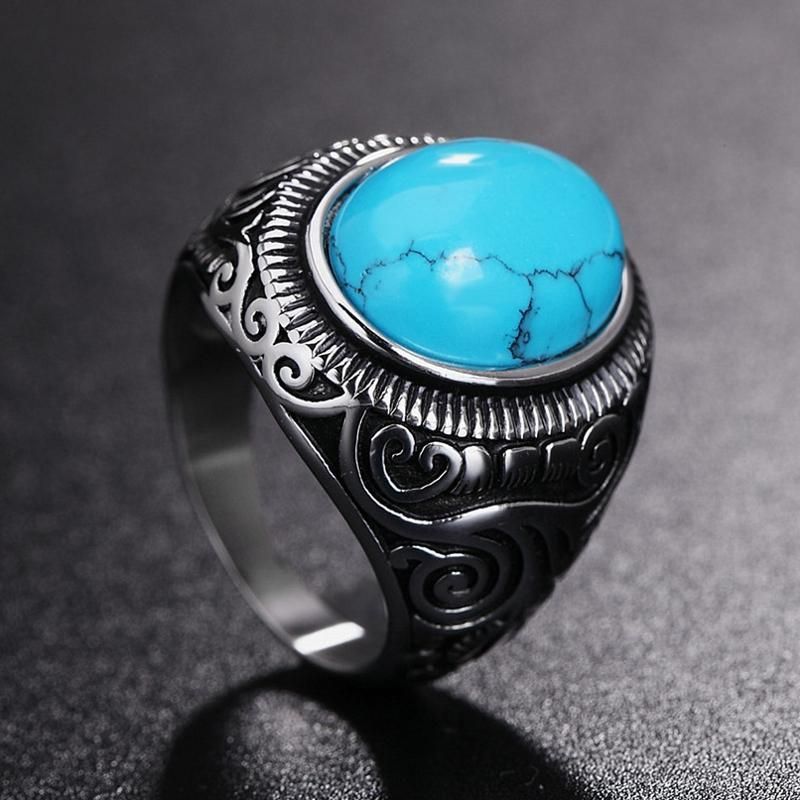 Rezex Vintage Motif Bleu Noir Turquoise Bagues Gemme Titane Acier Bague Homme