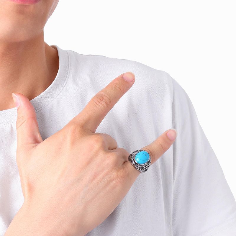 Rezex Vintage Motif Bleu Noir Turquoise Bagues Gemme Titane Acier Bague Homme