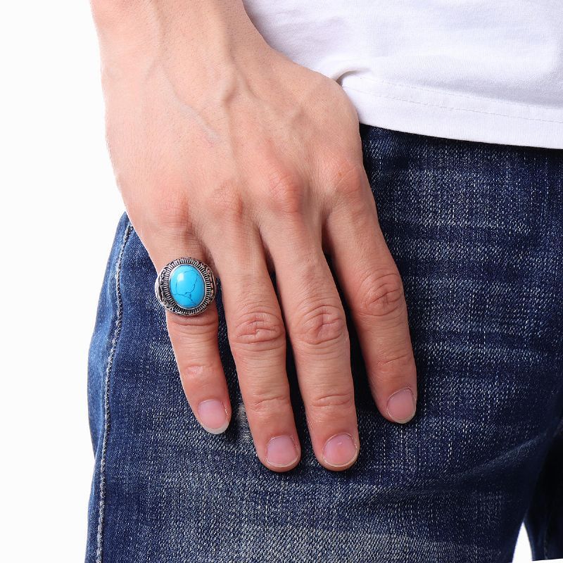 Rezex Vintage Motif Bleu Noir Turquoise Bagues Gemme Titane Acier Bague Homme