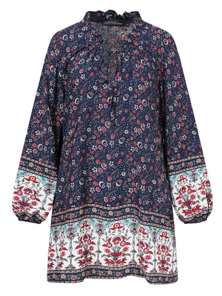 Robe Bohème De Loisirs À Col En V Imprimé Floral Avec Poignets Élastiques Pour Femmes