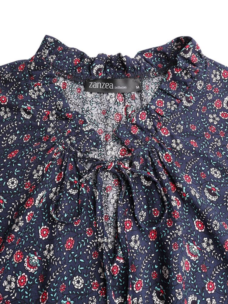 Robe Bohème De Loisirs À Col En V Imprimé Floral Avec Poignets Élastiques Pour Femmes