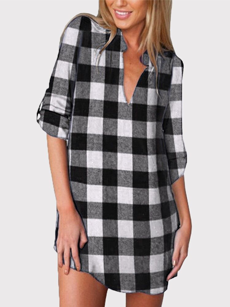 Robe Chemise Ample Décontractée À Col En V Et À Carreaux Pour Femmes