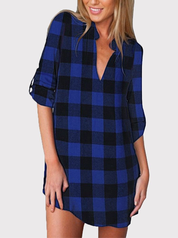 Robe Chemise Ample Décontractée À Col En V Et À Carreaux Pour Femmes