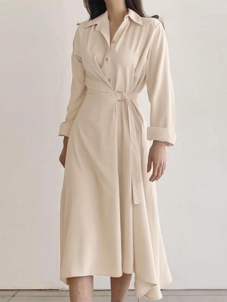 Robe Chemise Boutonnée À Manches Longues Avec Boucle Solide Et Revers Irrégulier