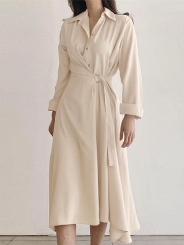 Robe Chemise Boutonnée À Manches Longues Avec Boucle Solide Et Revers Irrégulier