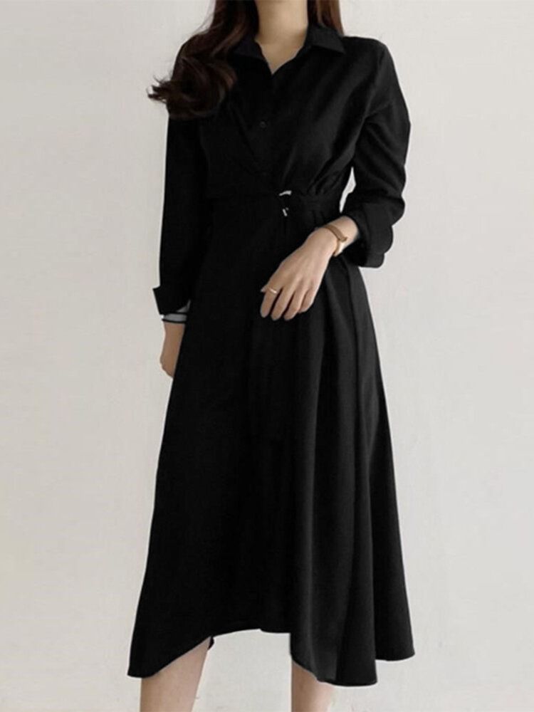 Robe Chemise Boutonnée À Manches Longues Avec Boucle Solide Et Revers Irrégulier