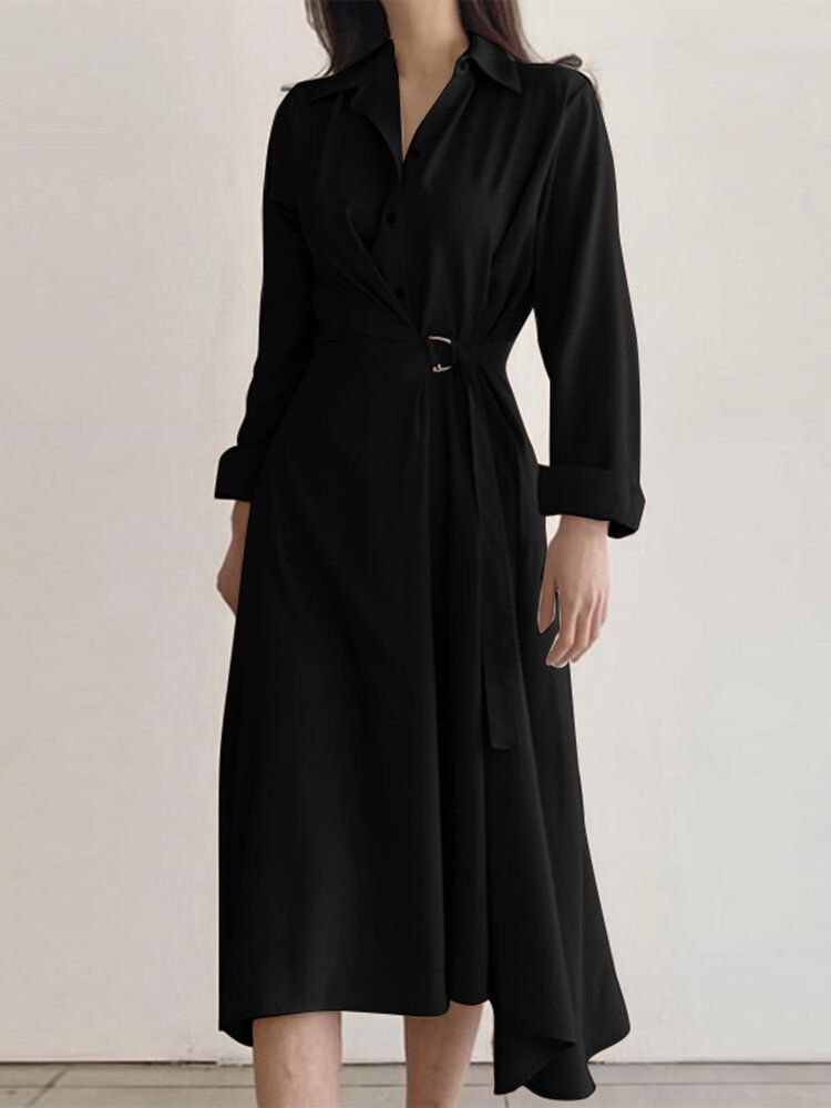 Robe Chemise Boutonnée À Manches Longues Avec Boucle Solide Et Revers Irrégulier